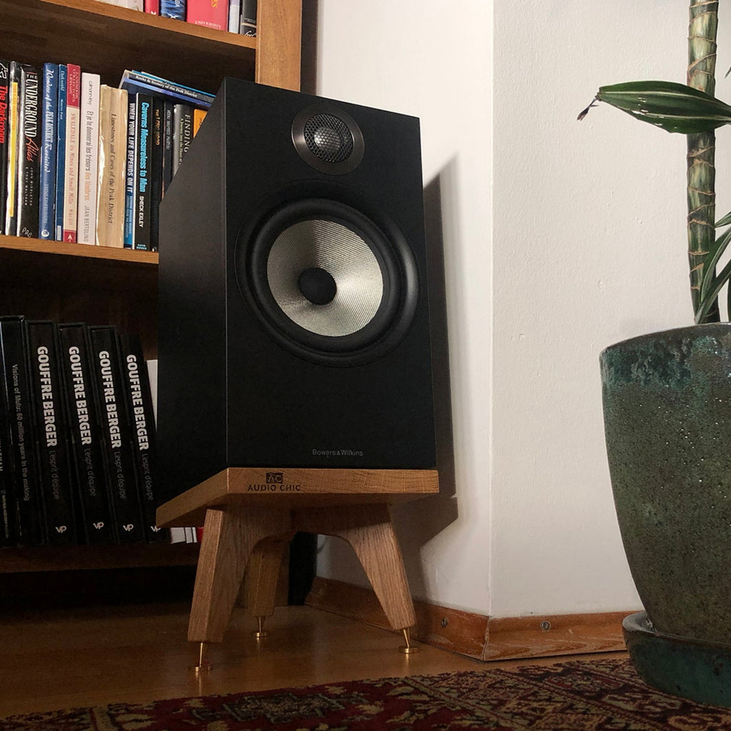 Drunken Snipe, tilted speaker stand by Audio Chic in oak in a home setting next to a bookcase and plant.