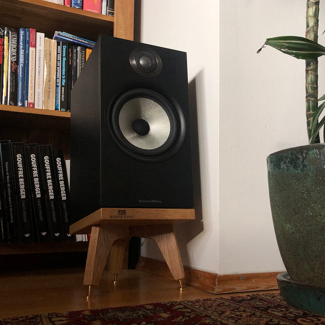 Drunken Snipe, tilted speaker stand by Audio Chic in oak in a home setting next to a bookcase and plant.