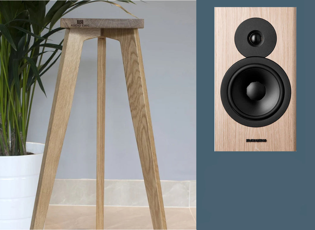 Speaker stand made of wood, with an heights from 140-900mm, designed for Dynaudio Evoke 20 Speakers, featuring a shaped top plate.