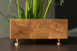 The Woodcock Plinth speaker stand made from 65mm thick solid oak.