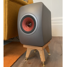 Load image into Gallery viewer, KEF LS50W Speakers on The Kite 140mm Tall Solid Oak Hardwood Speaker Stands by Audio Chic