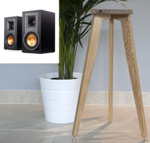 Load image into Gallery viewer, Klipsch R-15PM Speaker Stands by Audio Chic with banded logo and made from solid oak.