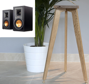 Klipsch R-15PM Speaker Stands by Audio Chic with banded logo and made from solid oak.