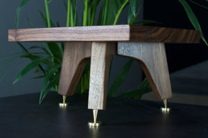 Tri Leg 140mm Tall Walnut standmount speaker stand with speaker spikes and speaker spike shoes for Sound Crispness