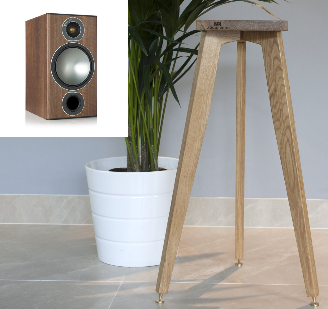 Monitor Audio Bronze 2 Speaker stands made from solid oak with the audio chic brand on the front. made by audio chic