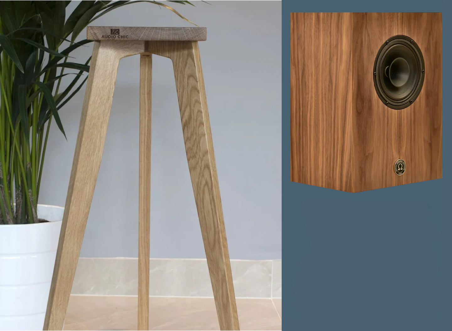 An elegant three-legged monitor speaker stand made of oak, with a compact alnico monitor speaker resting on top. The stand is presented in a home setting, indicating its use for supporting and displaying speakers.