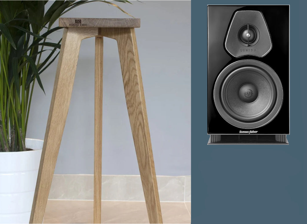 A pair of Sonus Faber Lumina II speaker stands made of wood, with adjustable heights for supporting speakers.