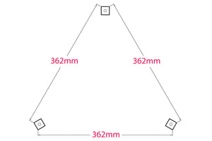Tri-leg speaker stand base stance width diagram.