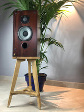 Load image into Gallery viewer, A hardwood speaker stand with a speaker on top, positioned next to a potted plant, with a wall in the background.