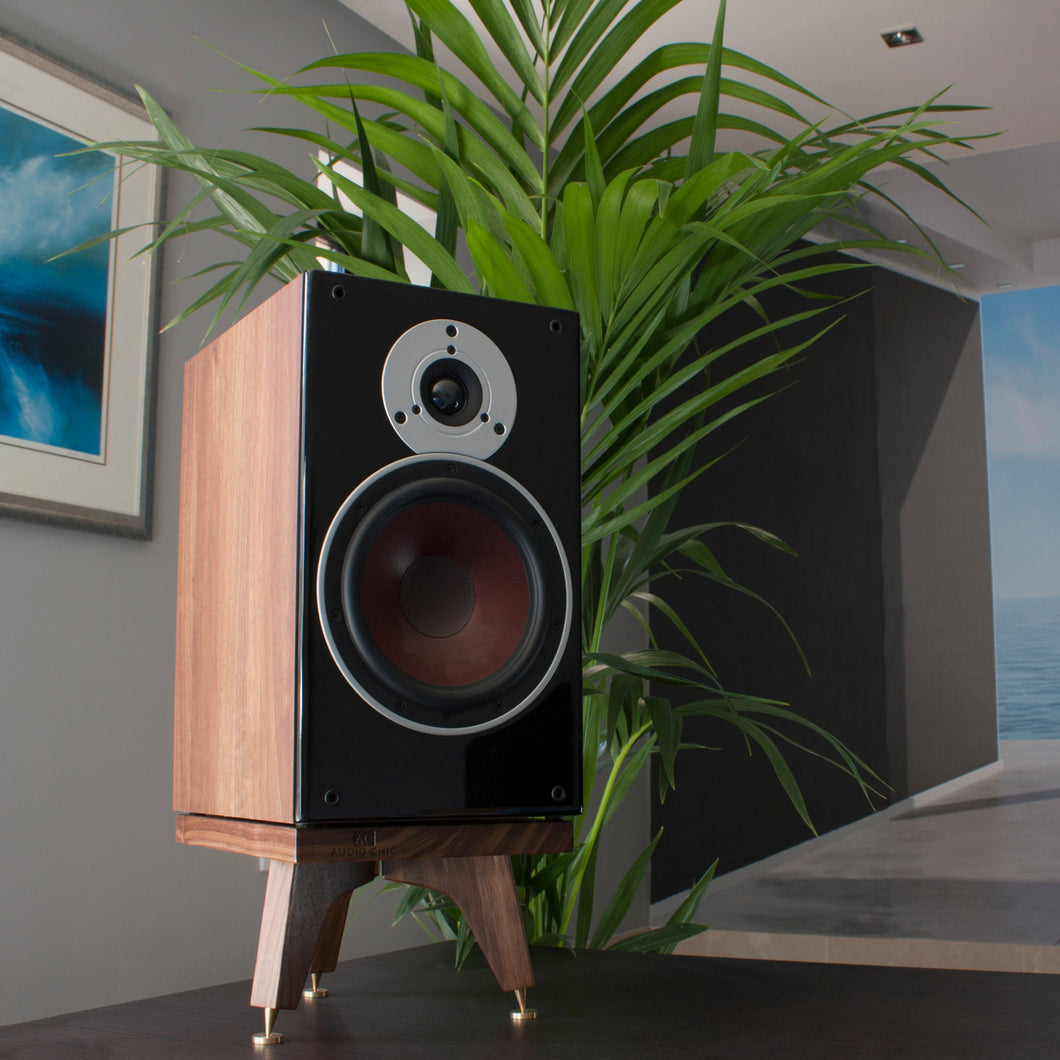 The Snipe Solid American Black Walnut Hardwood speaker stand perfect for desktop speakers