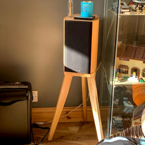 Wharfedale Diamond 9.1 shaped Speaker Stands in a room with a LEGO showcase shelf unit.